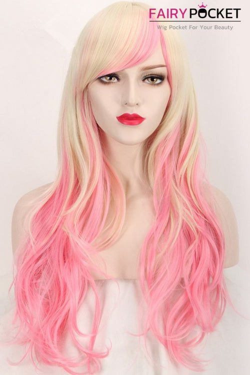 Long Wavy Blonde and Pink Ombre Basic Cap Wig