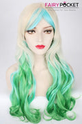 Long Wavy Blonde to Green and Blue Ombre Basic Cap Wig