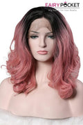 Nature Black To Cherry Pink Curly Synthetic Lace Front Wig