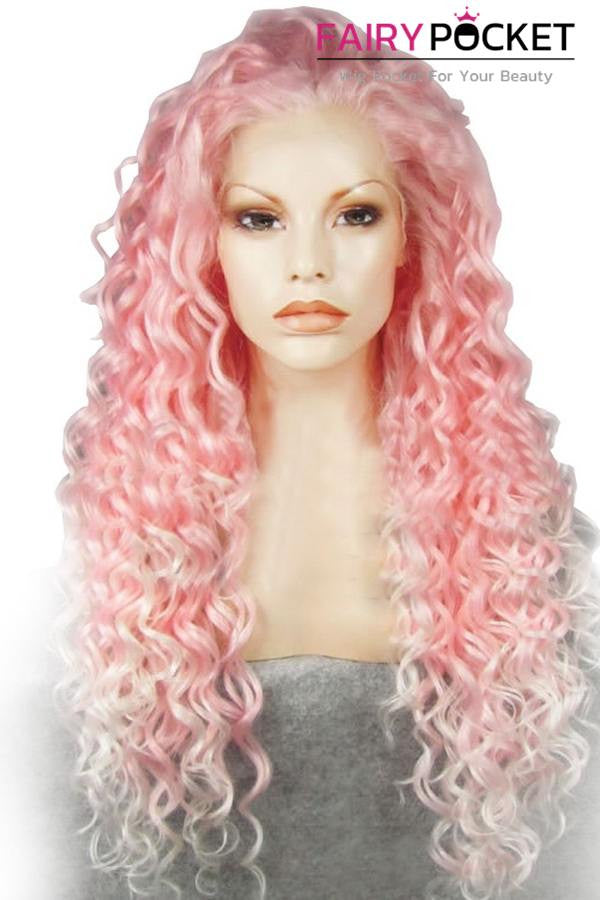 Pink and White Ombre Long Curly Lace Front Wig