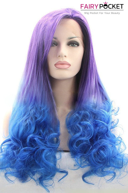 Purple to Blue Ombre Long Wavy Lace Front Wig