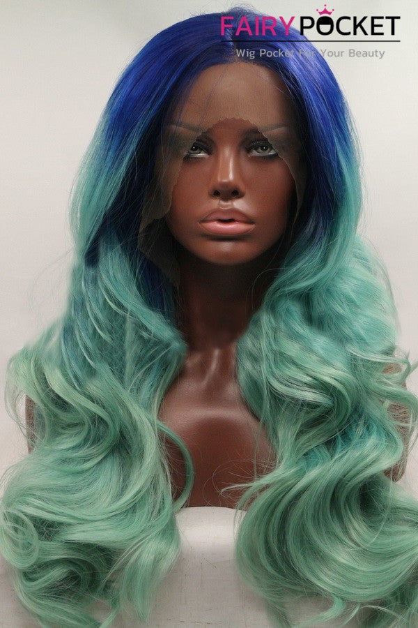 Dark Blue to Light Green Ombre Long wavy Lace Front Wig