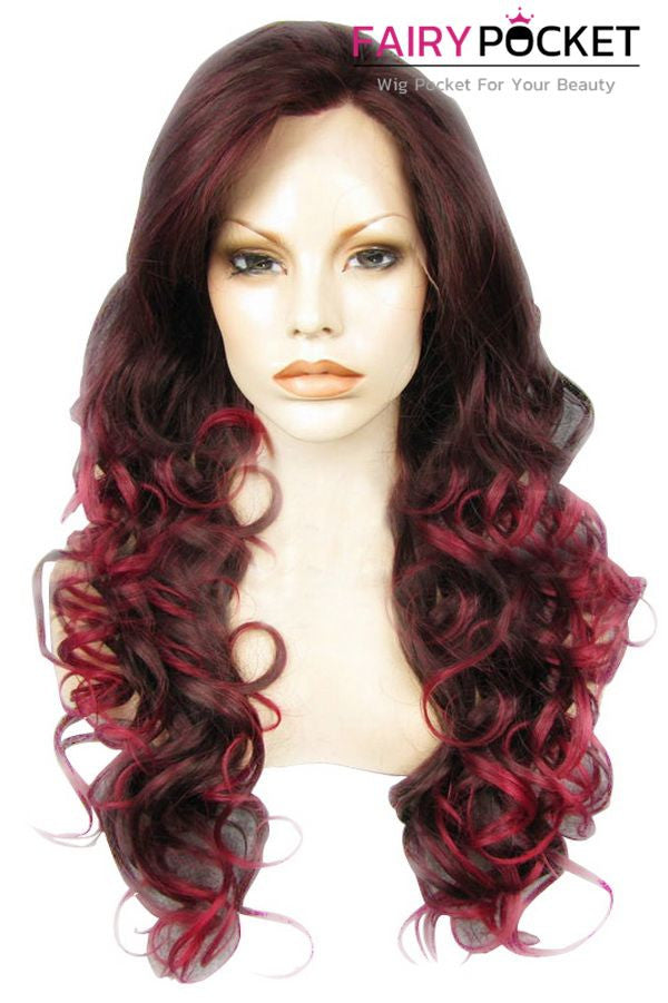 Dark Brown and Red Highlights Long Wavy Lace Front Wig