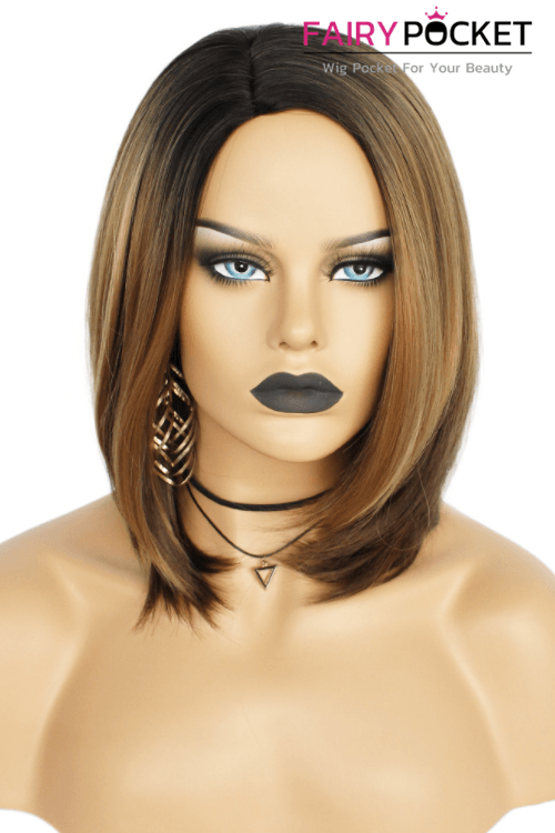 Short Straight Black to Brown Ombre Synthetic Wig