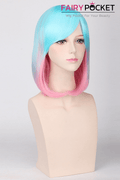 Short Wavy Neon Blue to Pink Ombre Basic Cap Wig