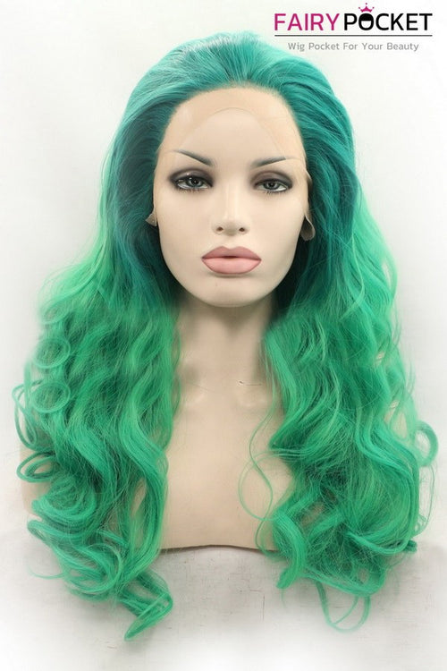 Deep Green to Light green Long Curly Ombre Lace Front Wig
