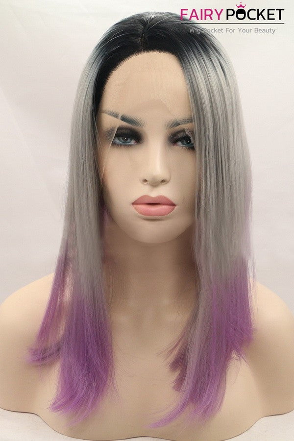 Black turns Grey to Purple Medium Straight Ombre Lace Front Wig