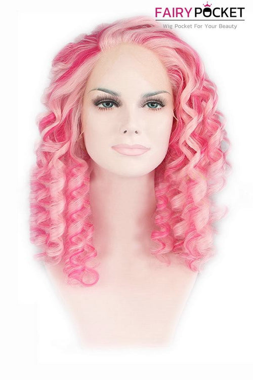 Red and Pink Medium Curly Lace Front Wig