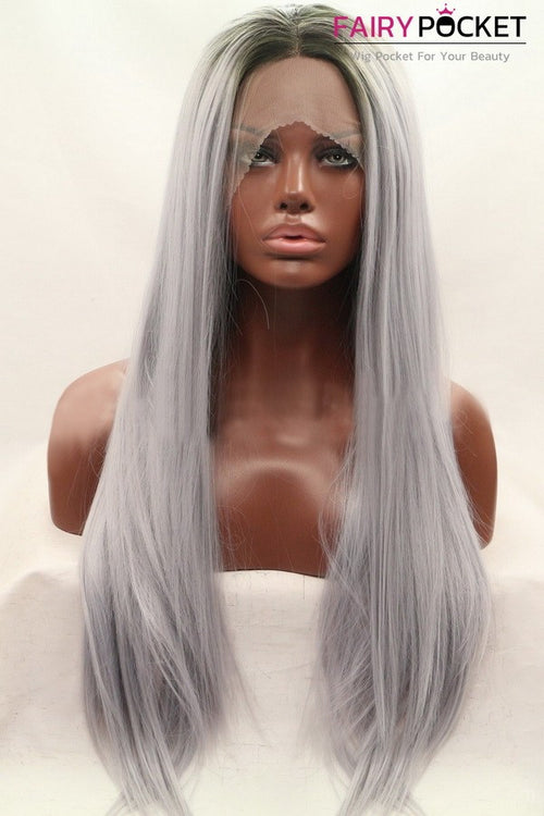 Black to White and Grey Balayage Long Straight Lace Front Wig