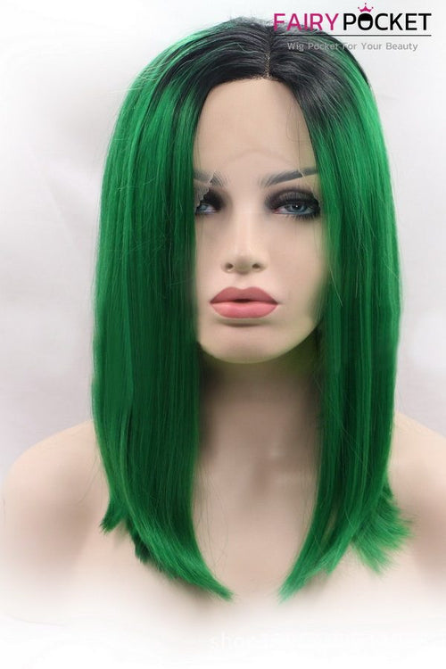 Nature Black to Deep Green Medium Straight Ombre Lace Front Wig