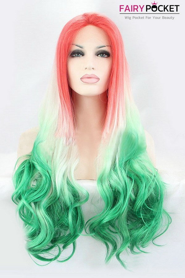 Pink turns Blonde to green Ombre Wavy Lace Front Wig