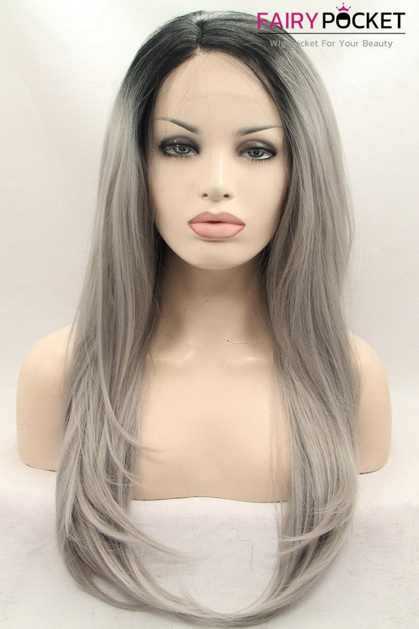 Nature Black to Grey Ombre Long Straight Lace Front Wig