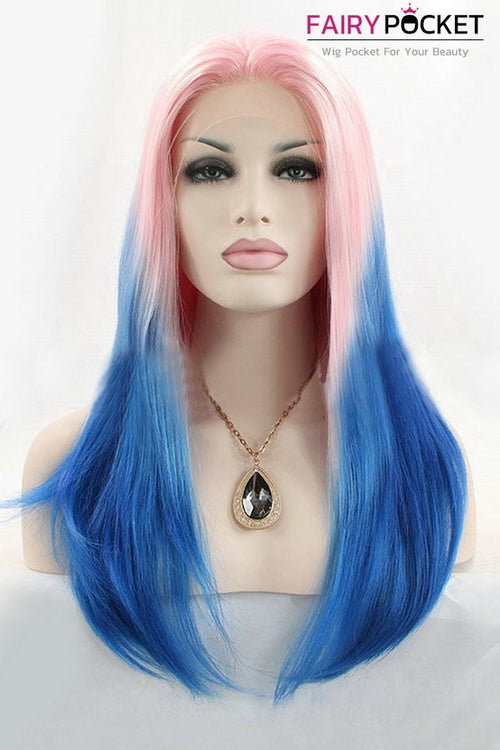 Pink to Blue Ombre Long Wavy Lace Front Wig