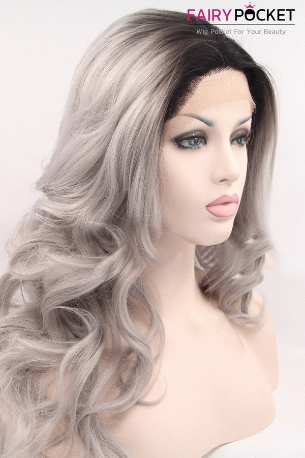 Nature Black to Silver Grey Ombre Long Wavy Lace Front Wig