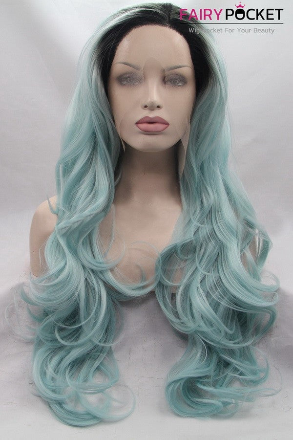 Nature Black to Cadet blue Long Wavy Lace Front Wig