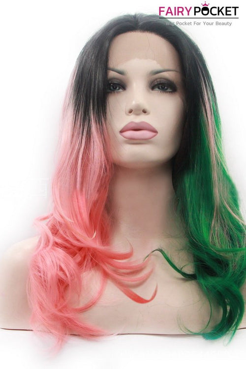 Black to Green and Pink Ombre Wavy Lace Front Wig