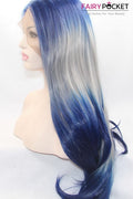 Diamond Blue turns grey to Deep Blue Long Wavy Ombre Lace Front Wig