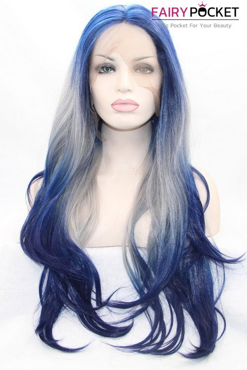 Diamond Blue turns grey to Deep Blue Long Wavy Ombre Lace Front Wig